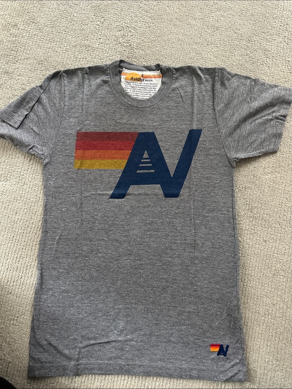 Aviator Nation Grey Tee with Navy Logo and Red-Orange-Yellow Stripe